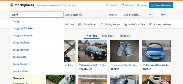 Een screenshot van de voorpagina van marktplaats met ingevulde tekst in de zoekbalk