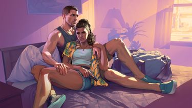 Een van de key arts van GTA 6. Je ziet hoofdrolspelers Jason en Lucia op een bed liggen terwijl ze een geweer vasthouden.