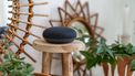 Google Home Mini on a wooden table with green plants in the background