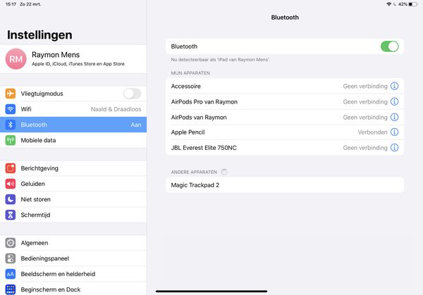 Muis verbinden met iPadOS 13.4 (iOS 13.4) via het instellingen, Bluetooth-menu