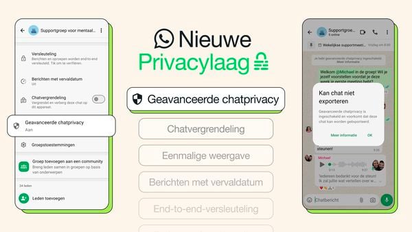 Vandaag introduceren we onze nieuwste privacylaag, genaamd 'Geavanceerde chatprivacy.' Deze nieuwe instelling is beschikbaar in zowel chats als groepen en helpt te voorkomen dat anderen content buiten WhatsApp delen als je wat meer privacy wenst.