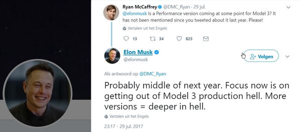 Elon Musk tweet over Performance Tesla Model 3