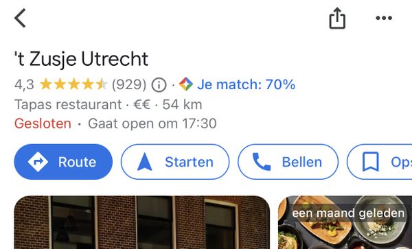 Google Maps toont restaurant match