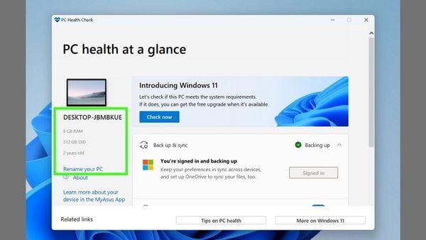 PC Health Check app van Windows: Homepagina