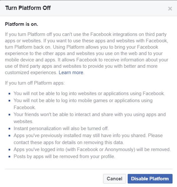Facebook Turn Platform Off